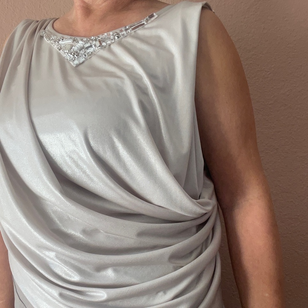 💋SALE💋Jennifer Lopes Asymmetric Taupe Underlined Stone Beaded Blouse, Size M. - Picture 3 of 10